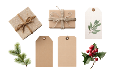 A white background with a brown box and a green tag. The box is tied with a brown string, png