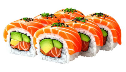 Close-up view of six sushi rolls, each with salmon topping, avocado, rice, and black sesame seeds. The image is on a dark background