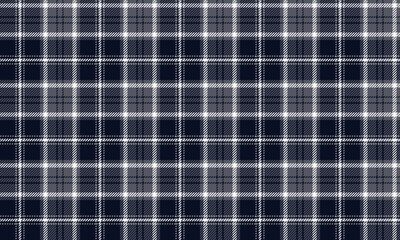 Seamless plaid fabric in navy blue, gray, and white. Modern design, suitable for fashion design, clothing, skirts, and trousers, giving a classic and elegant feel.