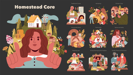 Homestead Life in Various Activities Vector Illustration