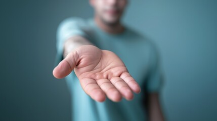 Open Hand Reaching Forward Against Soft Blue Background for Concept of Help, Support, or Connection in Human Interaction