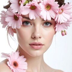 Woman with pink daisies crown, fair skin, blue eyes, softly lit against a white background