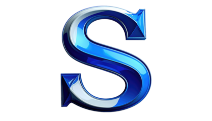 Glossy, blue letter S, reflecting light. Metallic edges add depth, standing out on a black backdrop