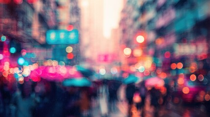 Nighttime city scene with blurred lights and people walking in the rain