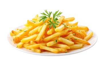 A plate of french fries with parsley on top. The plate is white and the fries are golden brown, png