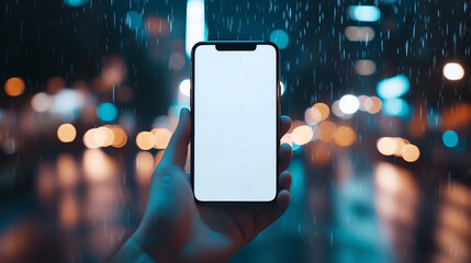 Hand Holding Smartphone with Blank Screen in Rainy Cityscape at Night with Bokeh Lights Effect
