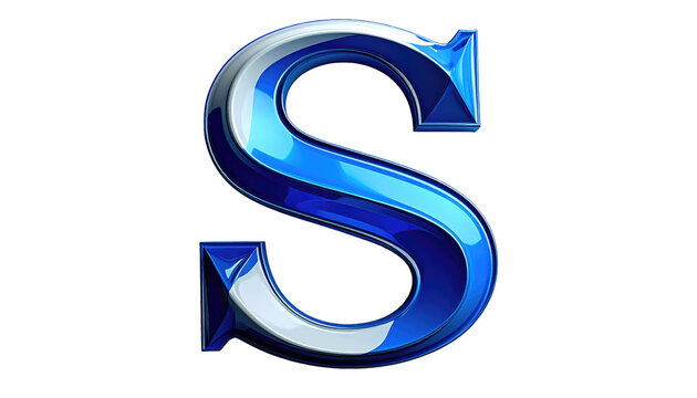 Glossy, blue letter S, reflecting light. Metallic edges add depth, standing out on a black backdrop