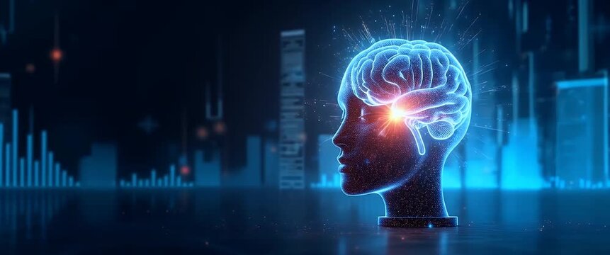Futuristic digital brain pulses with glowing data streams, while the camera slowly pans across a dark, ambient tech landscape; cinematic, innovative, AI concept.