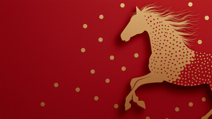 An illustration of a golden horse with dotted pattern with a red background.