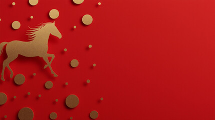 Elegant golden horse silhouette gallops gracefully on a vibrant red backdrop adorned with gold accents. This visually stunning piece captures the essence of motion, luxury, and artistic flair.