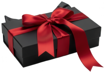 Valentine PNG, Minimalist black gift box with vibrant red satin ribbon and large decorative bow
