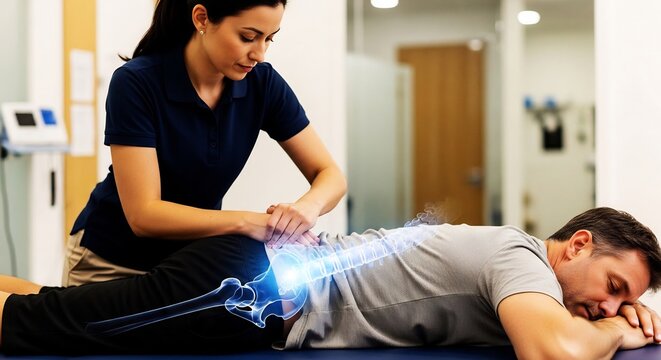 Physiotherapy hip massage, sciatica pain relief, pelvic bone anatomy, chiropractor manual adjustment, lower back rehabilitation, patient medical care, orthopedic sacrum treatment