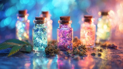 Colorful glass bottles filled with herbs on a table with bright lights