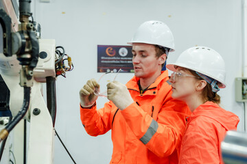 trainee listening to explanation of robotic interface during teamwork session in smart industry automation workshop guided by engineering instructor for skill enhancement