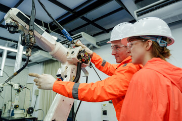 engineer teaching female trainee how to operate robotic welding arm during hands on automation...