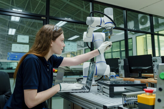 female automation trainee interacting with robotic arm at smart factory workstation using control panel and laptop to operate robotic system during training session focusing on skill building