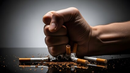Quitting smoking and tobacco addiction recovery. Health and willpower concept. Strong human fist crushing cigarettes on a reflective black surface to stop nicotine habit