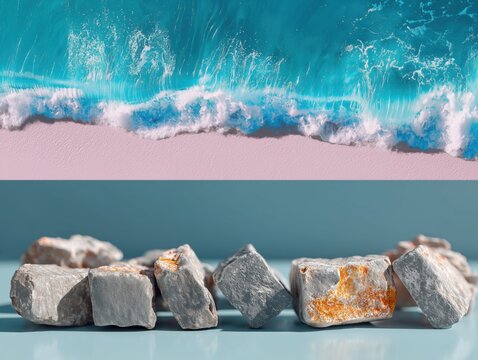 Contrasting textures of ocean waves and rough stones