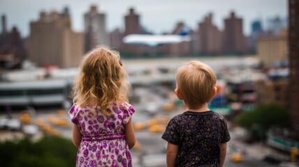 Children watch airplane landing near city skyline in New York