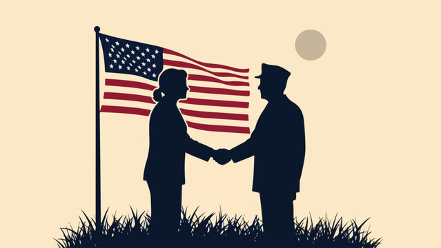 Silhouette illustration for Veterans Day, depicting military soldier and civilian shaking hands with flag. Veterans Day artwork symbolizes remembrance, honor, and national service.