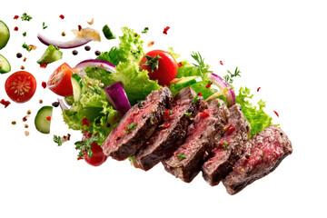 A close up of a steak with a variety of vegetables on top. The steak is cut into slices and the vegetables are scattered around it. Concept of freshness and healthiness, png