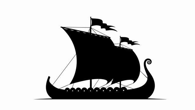 Black silhouette of Viking ship sailing across white background. Stylized graphic shows ancient Scandinavian Viking ship with single sail, oars, and distinctive dragon prow.