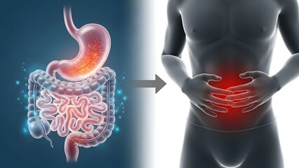 Digestive system anatomy and gastrointestinal health issues. Abdominal pain and bloating relief. Man holding stomach with red glow indicating inflammation and bowel discomfort