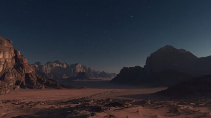 Obraz premium Vast desert expanse under a twilight sky with majestic mountains and distant stars