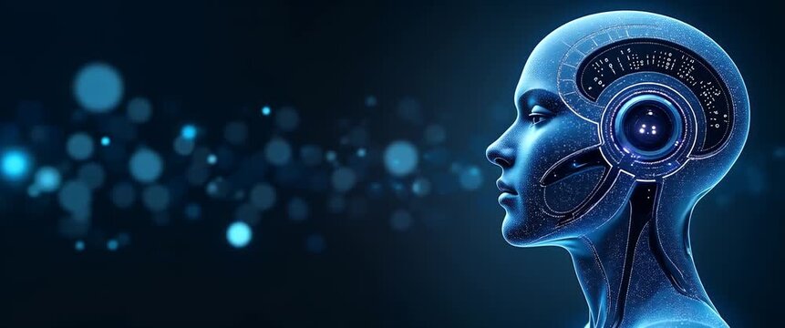 Futuristic AI robot head with glowing circuits in profile view, as camera slowly pans across a digital landscape, capturing ambient lights flickering in a cinematic, high-tech atmosphere.
