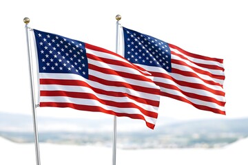 Two American flags waving on poles outdoors