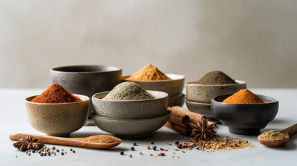 Assortment of aromatic spices in bowls, perfect for culinary creations. Various spices are displayed, including cinnamon, star anise, and peppercorns, ready for cooking
