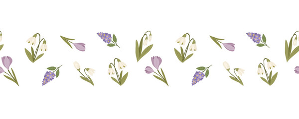 Purple crocus, blue muscari and white snowdrops with leaves, hand drawn botanical floral vector seamless border with scattered flowers
