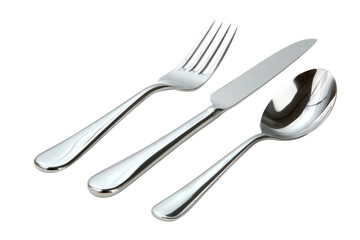 A silver fork, knife and spoon are shown on a white background. The silverware is clean and shiny, and the image conveys a sense of elegance and sophistication, png