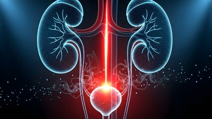 Kidney and urinary system anatomy with light glow. Renal health and medical laser therapy. Scientific visualization of human kidneys and bladder showing internal structure