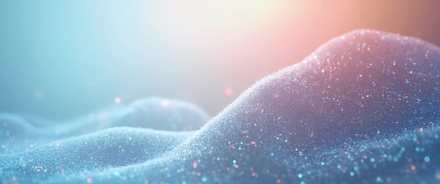 Glowing particles gently drift over a soft, undulating surface as the camera smoothly pans across the scene, creating a tranquil, dreamlike atmosphere with serene ambient motion in a cinematic style.