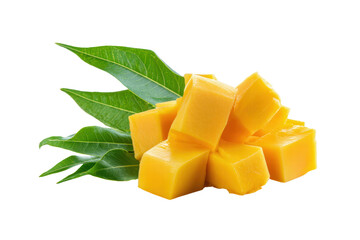 A pile of mango slices on a leafy green background. The mango slices are cut into cubes and arranged in a way that they look like a stack. Concept of freshness and natural beauty, png