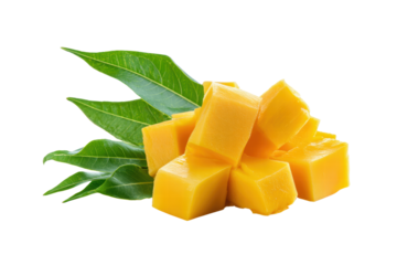 A pile of mango slices on a leafy green background. The mango slices are cut into cubes and arranged in a way that they look like a stack. Concept of freshness and natural beauty, png