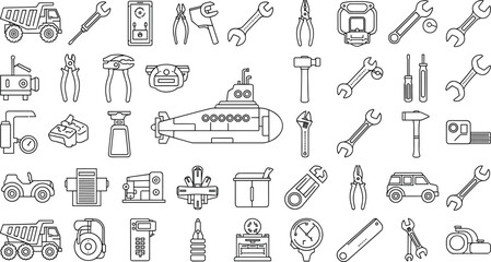  Collection of Mechanical Tools Industrial Equipment Vehicle Outlines and Construction Icons Including Submarine Trucks Wrenches Pliers and Hardware Elements for Engineering Design Projects