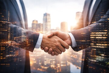 Two businessmen shaking hands in front of city skyline at sunset