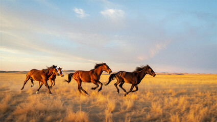 small group of wild chestnut and light brown horses