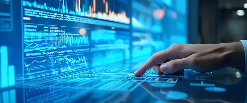 Business professional analyzes futuristic data on a digital touch screen; cinematic slow pan reveals dynamic graphs and charts glowing in vibrant blue, embodying innovation and technology.
