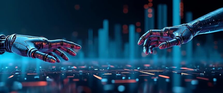 Futuristic robotic hands hover above a digital interface with ambient lights flickering, while the camera slowly pans across the scene, creating a cinematic exploration of technology innovation.