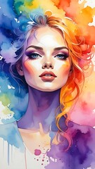 Woman's portrait in vibrant watercolor, half face in cool blues, half in warm reds and oranges