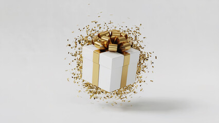 White Gift Box with Gold Ribbon and Bow Surrounded by Exploding Confetti