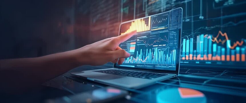 Hand interacts with laptop displaying financial data analytics, as camera gently pans across screen; ambient light flickers in a cinematic, tech-focused workspace setting.