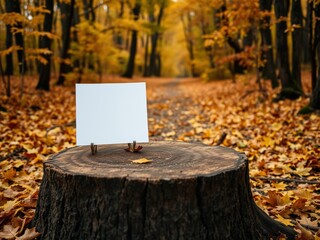 Blank note in autumn forest mockup