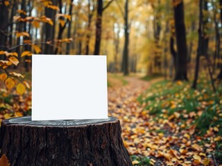 Blank paper on tree stump in autumn forest mockup
