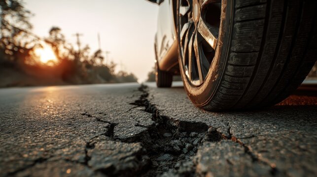 Close-up of a car tire driving over a cracked asphalt road at sunset