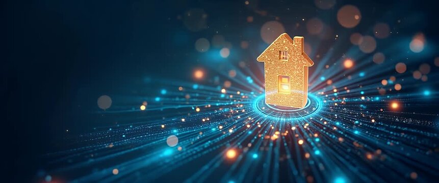 Glowing digital house icon hovers amid sparkling data streams; camera gently pans, revealing a futuristic network in vibrant, cinematic style, ideal for technology-themed presentations.
