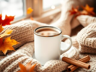 Cozy autumn morning with hot drink mockup